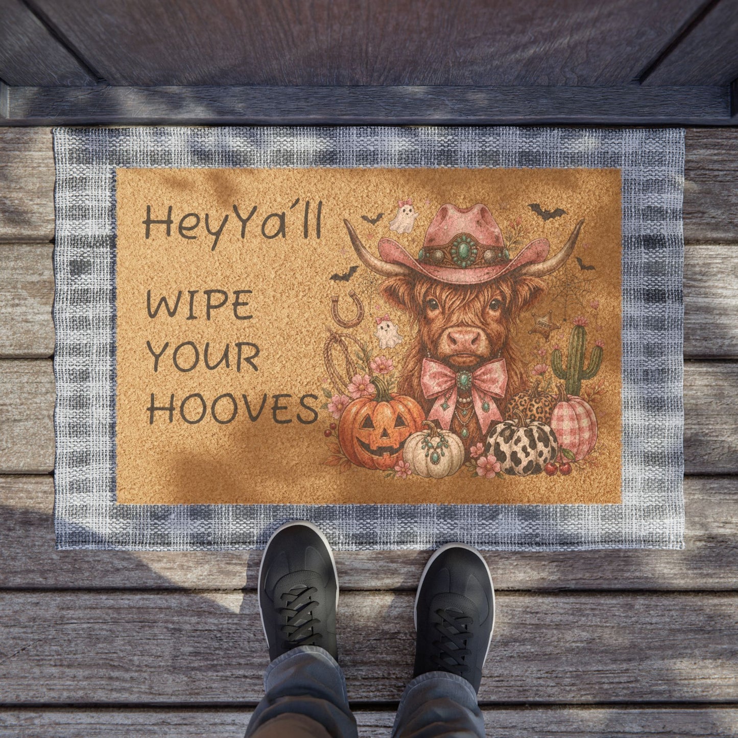 Cowgirl Halloween Doormat — “Hey Y’all Wipe Your Hooves” Welcome Mat