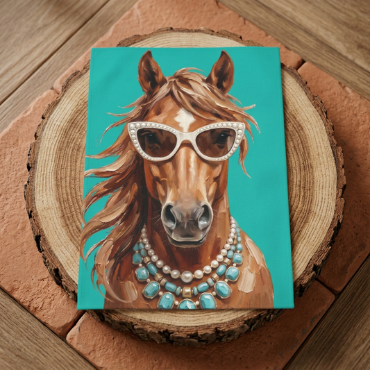 Glam Horse Velvet Microfiber Blanket — Turquoise Horse with Sunglasses & Necklace