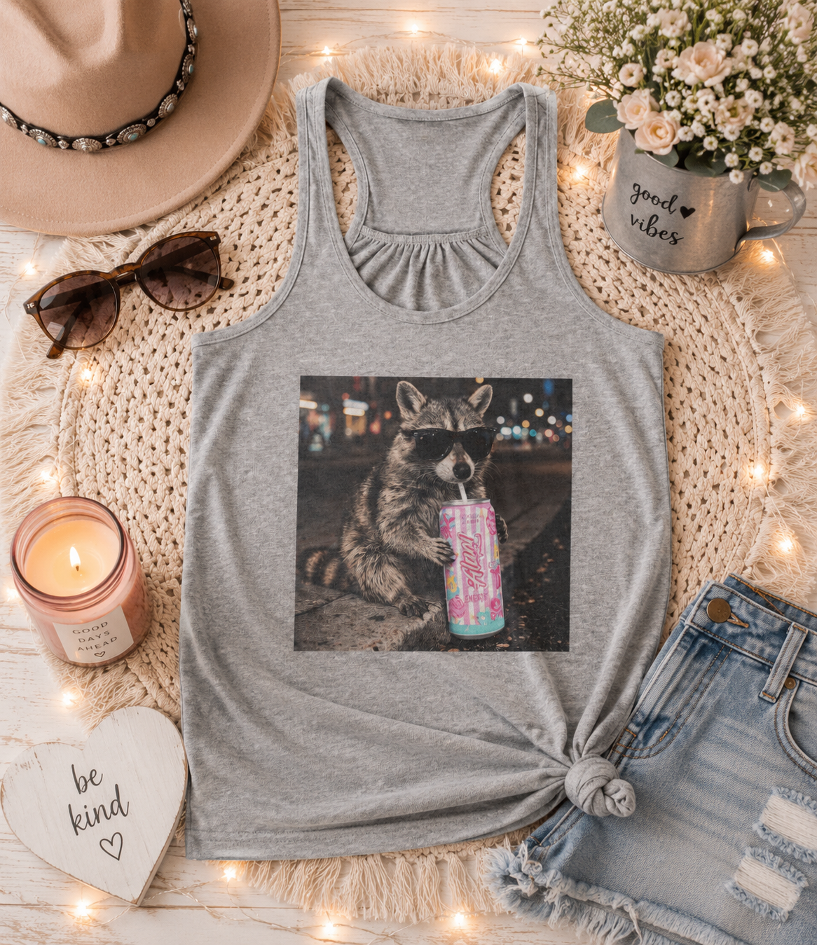 Raccoon with Sparkle Drink Tank Top – Cute Nightlife Animal Graphic Women's Racerback