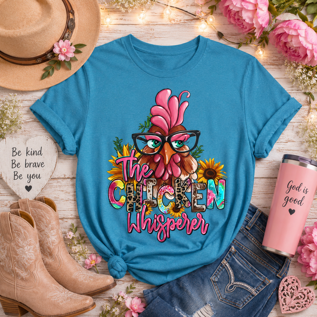 Chicken Whisperer T‑Shirt — Funny Rooster Graphic Tee with Sunflowers