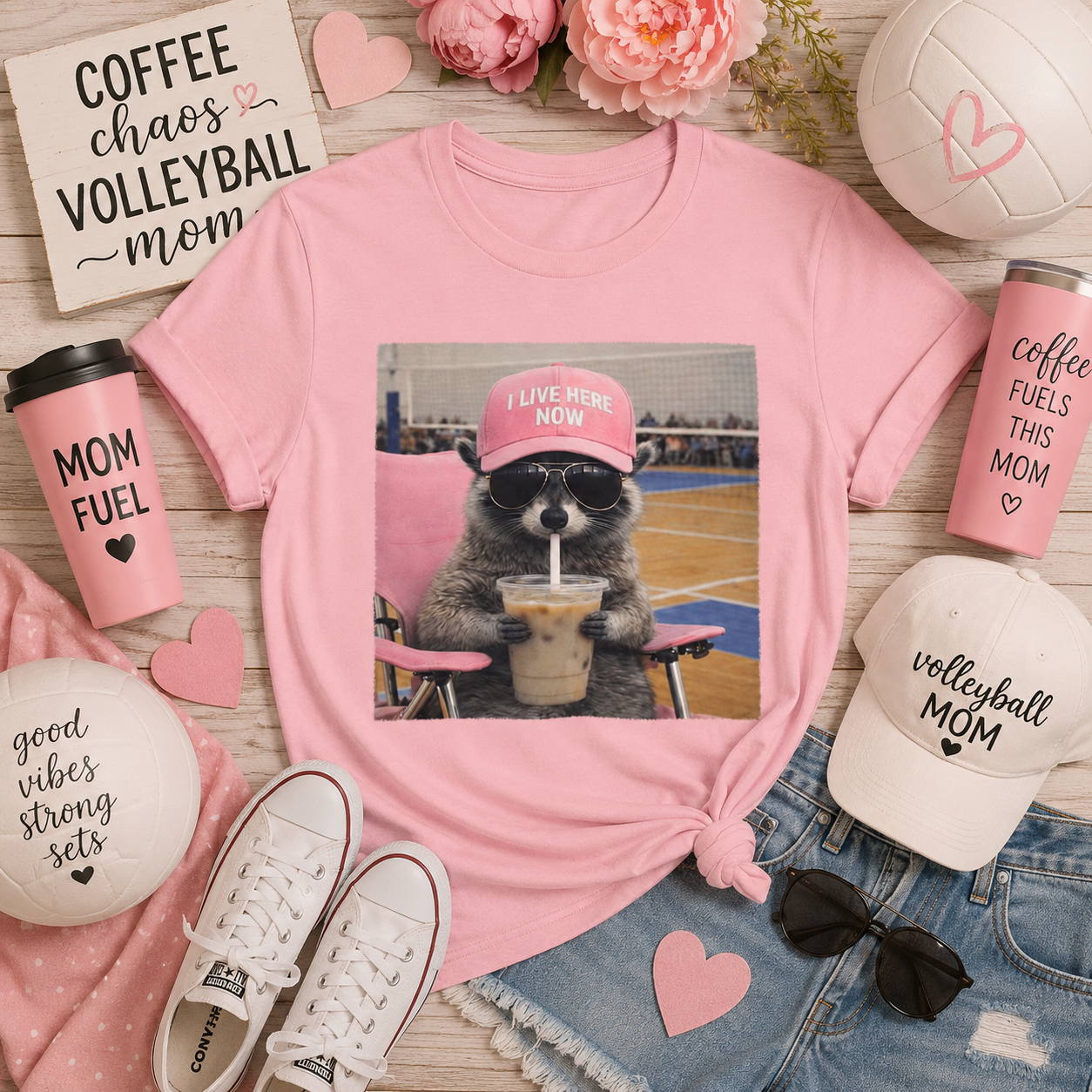 Raccoon Relaxing Tee – 'I Live Here Now' Cute Coffee Graphic T-Shirt