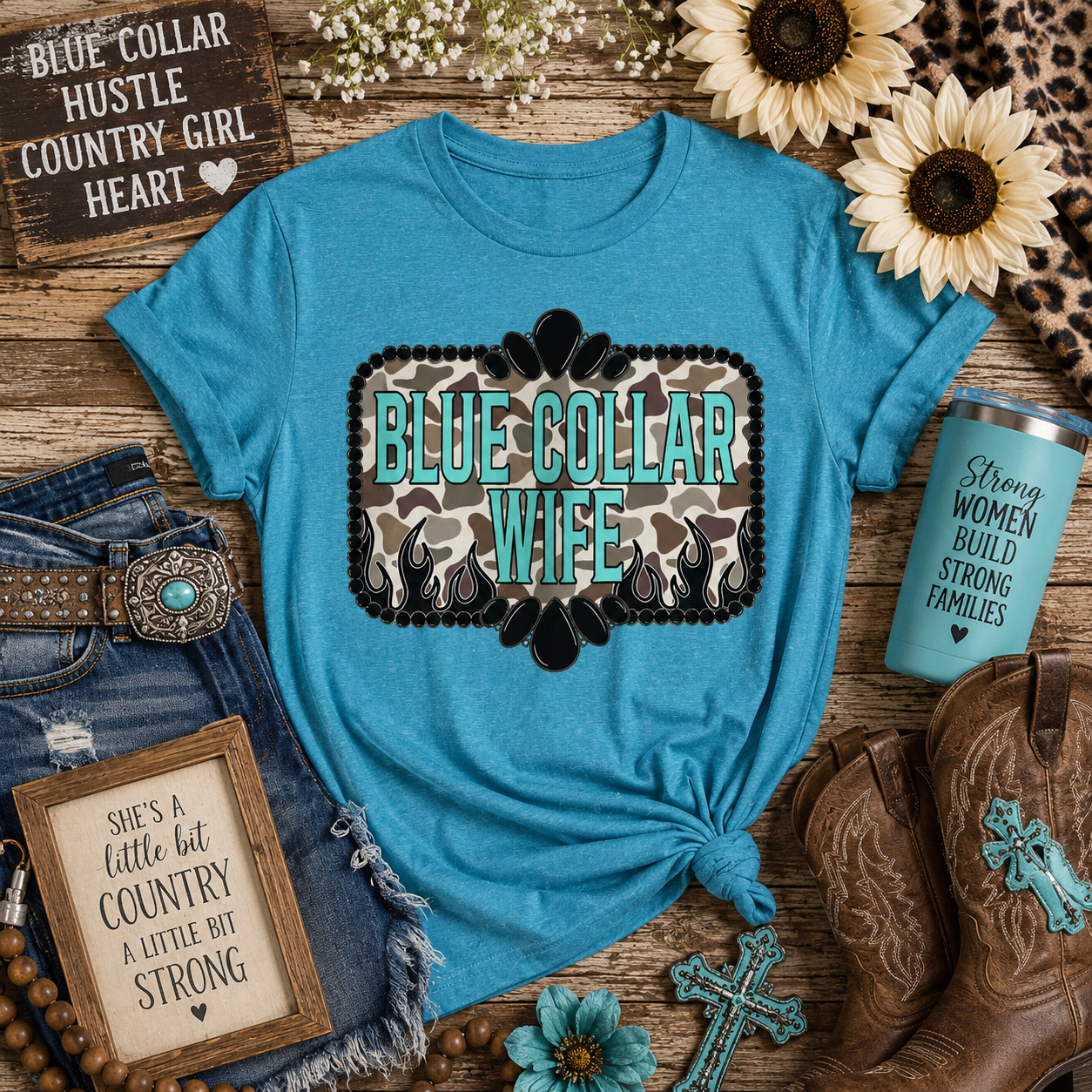 Blue Collar Wife T-Shirt – Rustic Camouflage Graphic Tee for Farm & Country Women