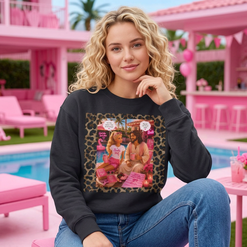 Beach Barbie & Jesus Retro Graphic Sweatshirt — Pop Culture Vintage Leopard Crewneck