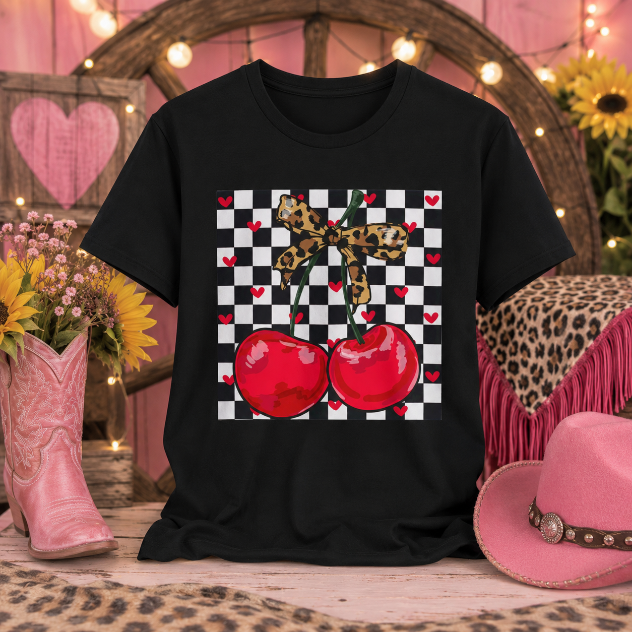 Cherry Checkerboard Tee — Retro Red Cherries with Leopard Bow