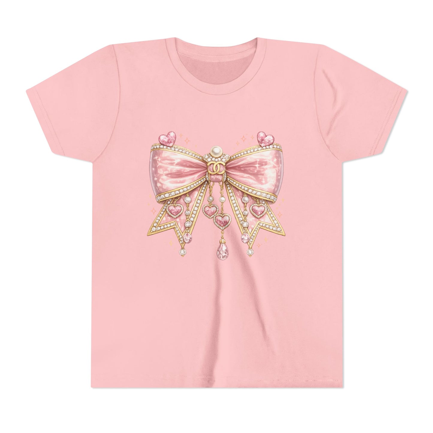 Youth Tee — Pink Jewel Bow Graphic Shirt for Girls, Cute Ribbon Heart Design