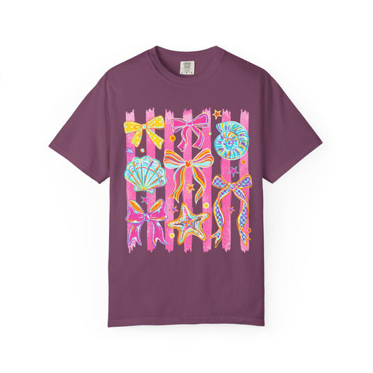 Beach Bow Graphic T-Shirt — Colorful Seashells & Starfish Design