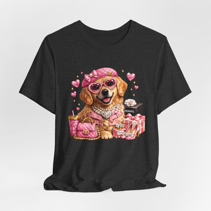 Pink Glam Dog T‑Shirt — Cute Designer Pup with Hearts & Accessories