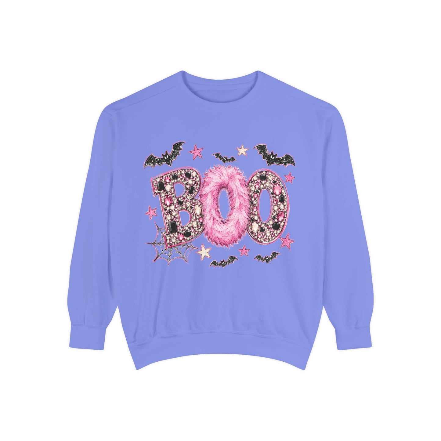 Halloween "BOO" Sweatshirt — Pink Glitter Bat & Spiderweb Graphic