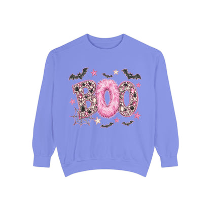 Halloween "BOO" Sweatshirt — Pink Glitter Bat & Spiderweb Graphic