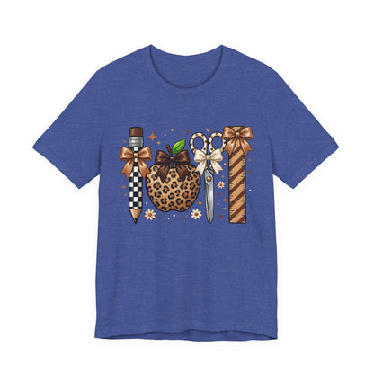 Leopard Apple & School Tools Teacher T‑Shirt — Back to School Graphic Tee