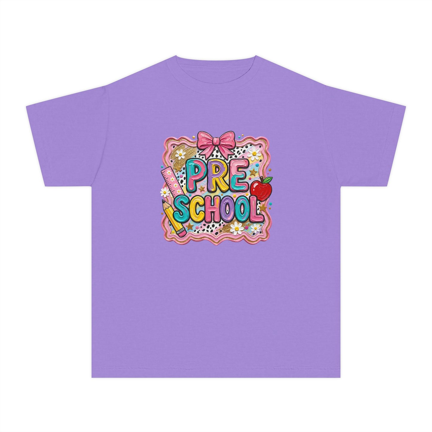 Preschool Cute Patch Kids Tee — 'Pre School' Back-to-School Shirt with Bow & Apple Design