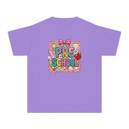 Preschool Cute Patch Kids Tee — 'Pre School' Back-to-School Shirt with Bow & Apple Design