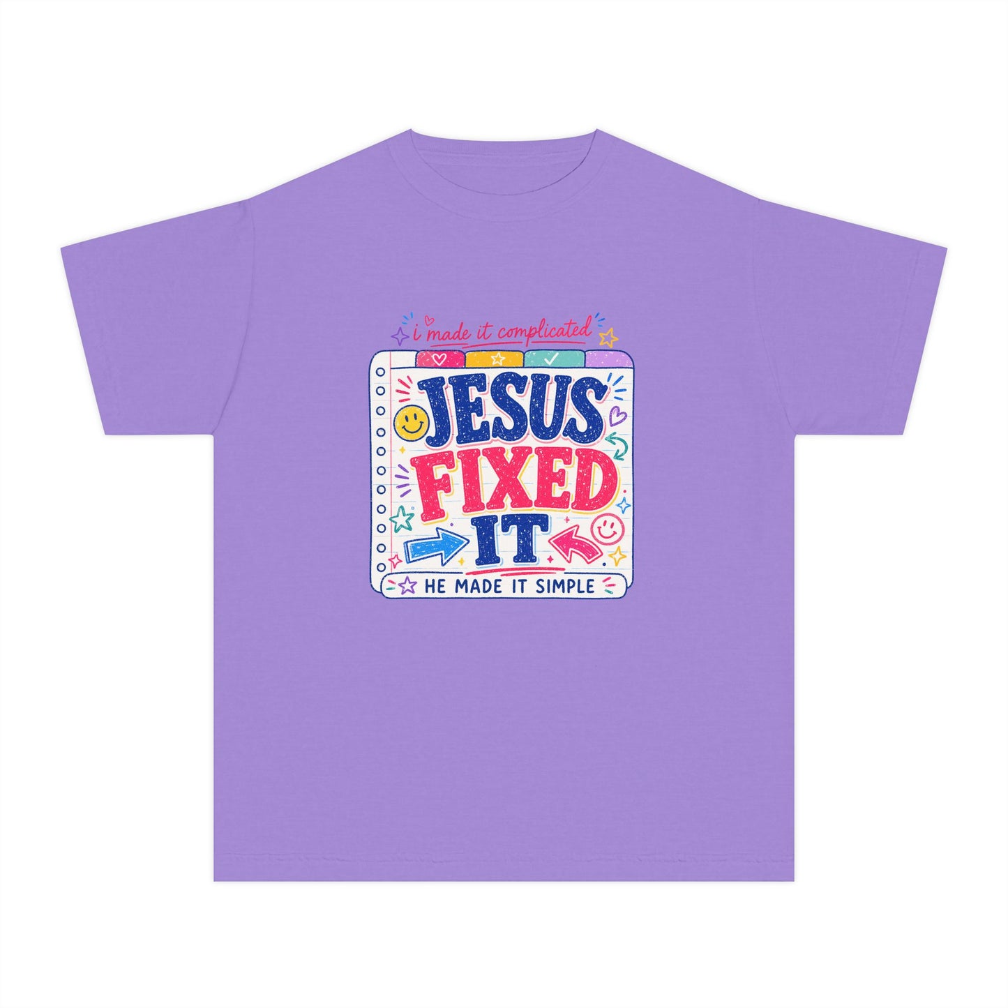 Youth Tee — "Jesus Fixed It" Colorful Faith Graphic