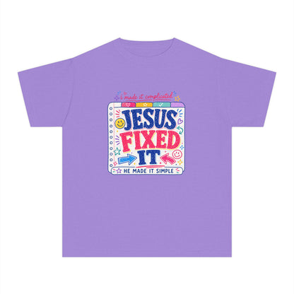 Youth Tee — "Jesus Fixed It" Colorful Faith Graphic