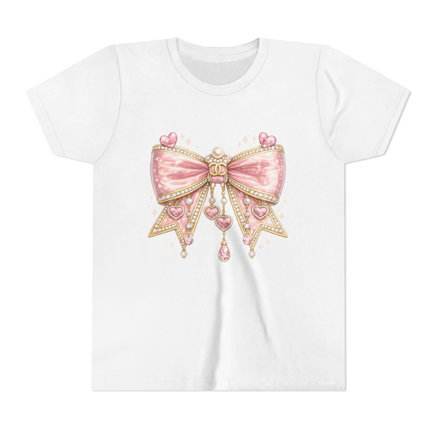 Youth Tee — Pink Jewel Bow Graphic Shirt for Girls, Cute Ribbon Heart Design