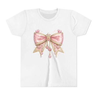 Youth Tee — Pink Jewel Bow Graphic Shirt for Girls, Cute Ribbon Heart Design