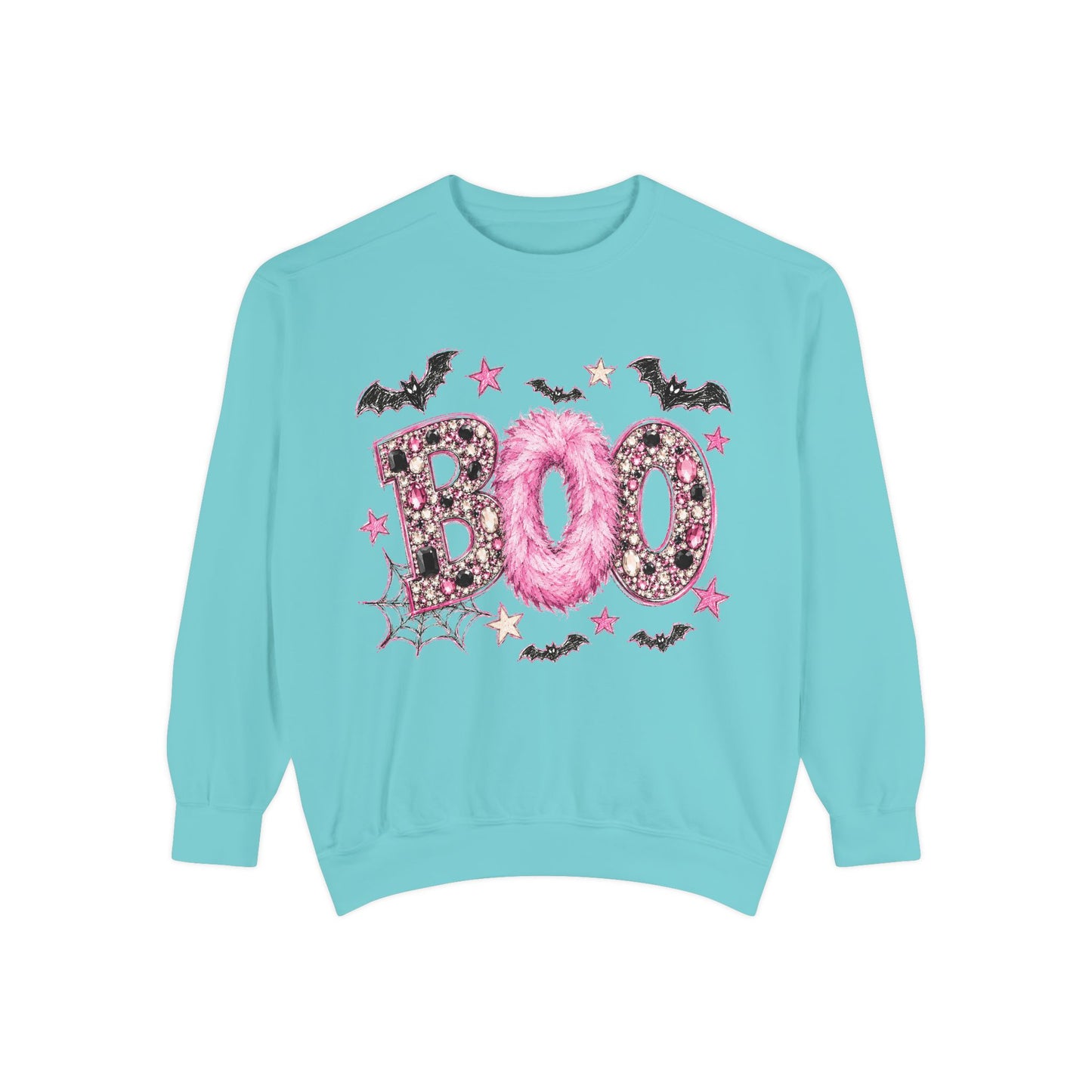 Halloween "BOO" Sweatshirt — Pink Glitter Bat & Spiderweb Graphic