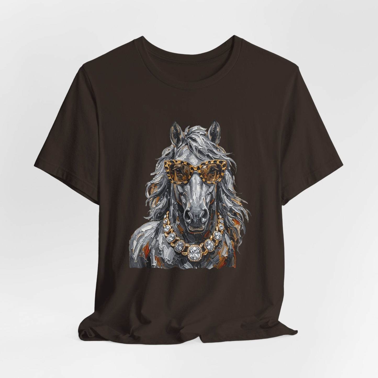Horse Portrait T‑Shirt — Glam Horse with Sunglasses & Pearl Necklace