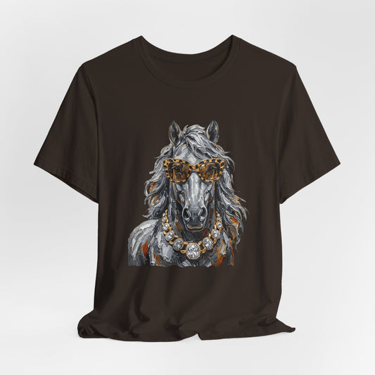 Horse Portrait T‑Shirt — Glam Horse with Sunglasses & Pearl Necklace