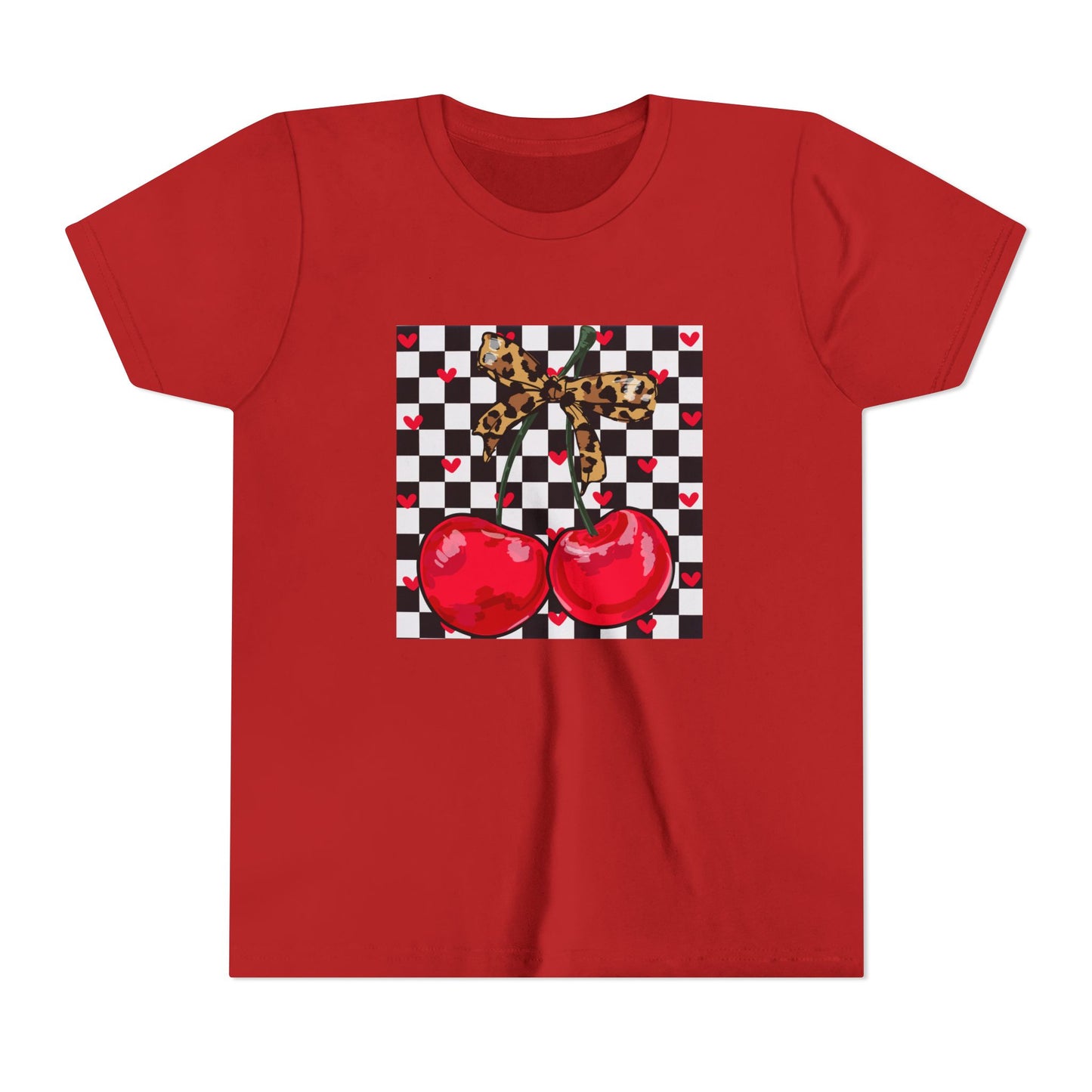 Youth Tee — Checkerboard Cherries Graphic Tee (Leopard Bow)