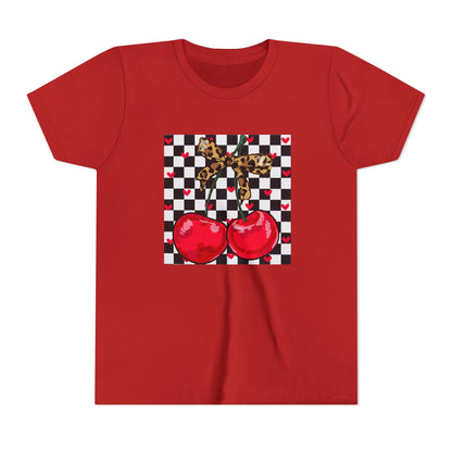 Youth Tee — Checkerboard Cherries Graphic Tee (Leopard Bow)