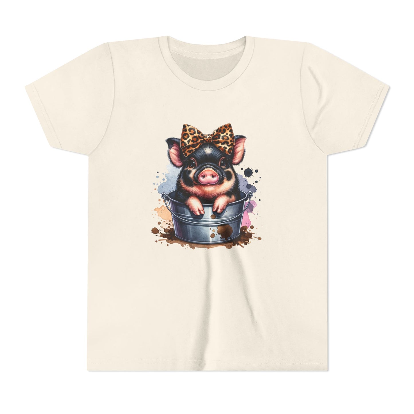 Youth Tee — Cute Pig in Bucket Graphic (Leopard Bow)