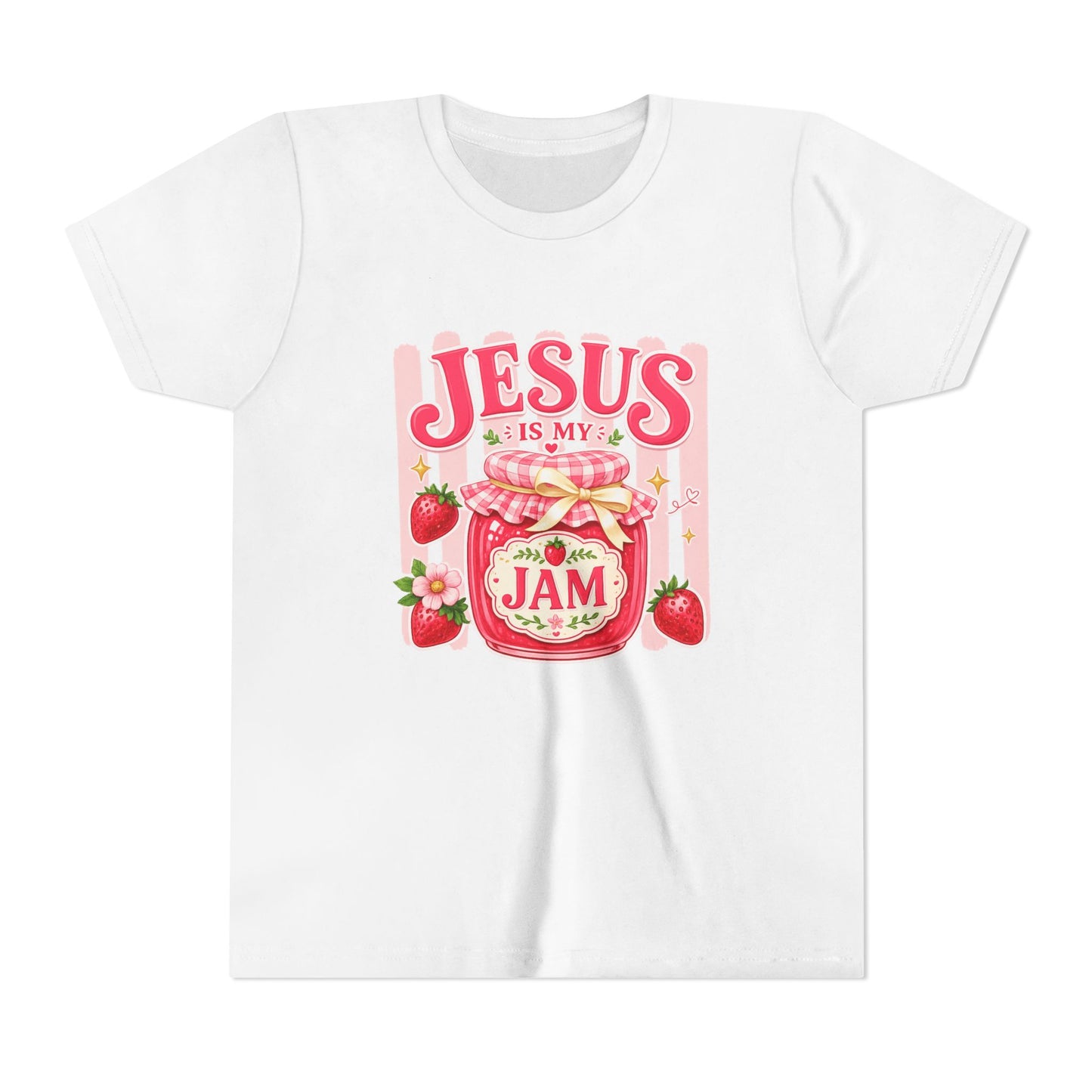 Youth Tee — "Jesus Is My Jam" Strawberry Faith Graphic