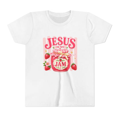 Youth Tee — "Jesus Is My Jam" Strawberry Faith Graphic