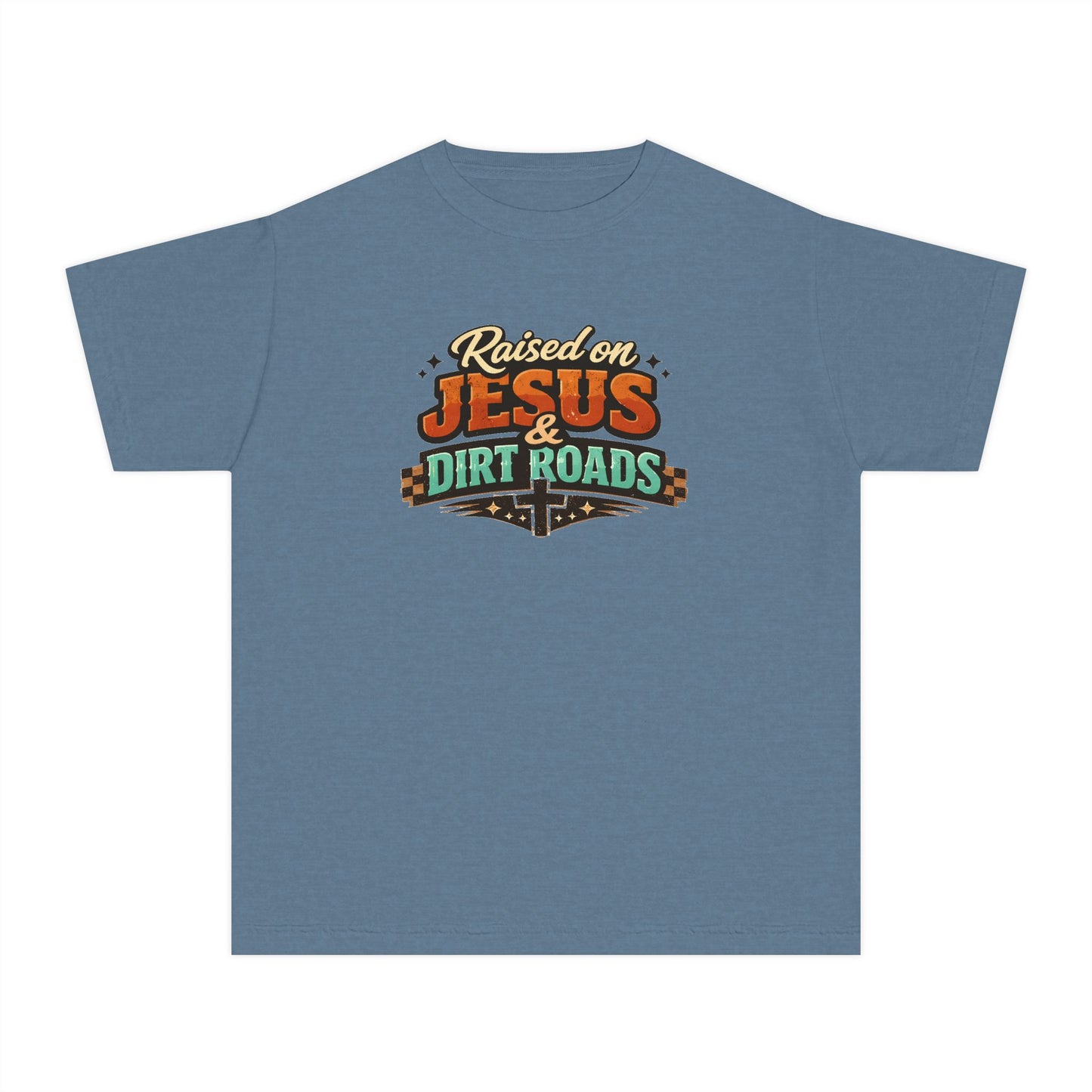 Youth Tee - "Raised on Jesus & Dirt Roads" Christian Country Graphic Shirt