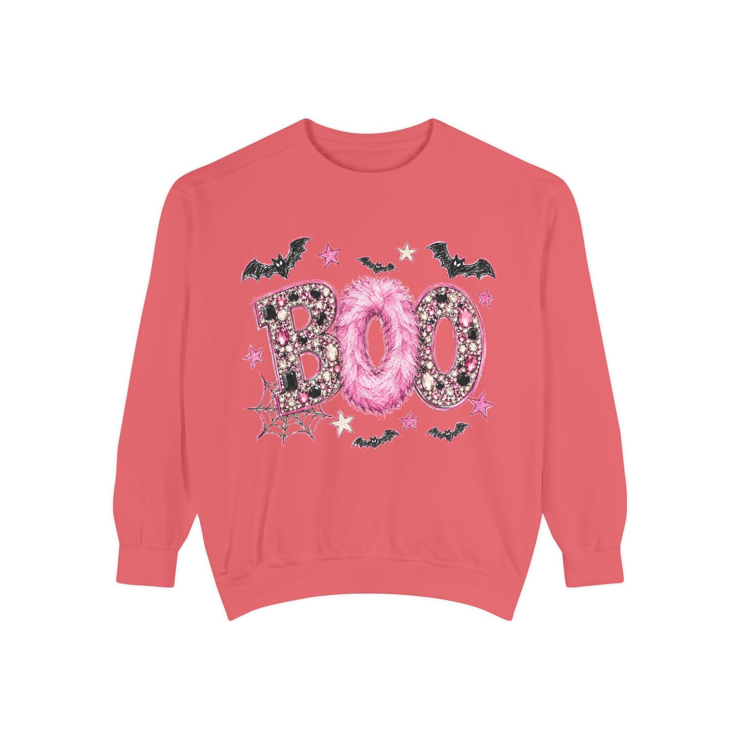 Halloween "BOO" Sweatshirt — Pink Glitter Bat & Spiderweb Graphic