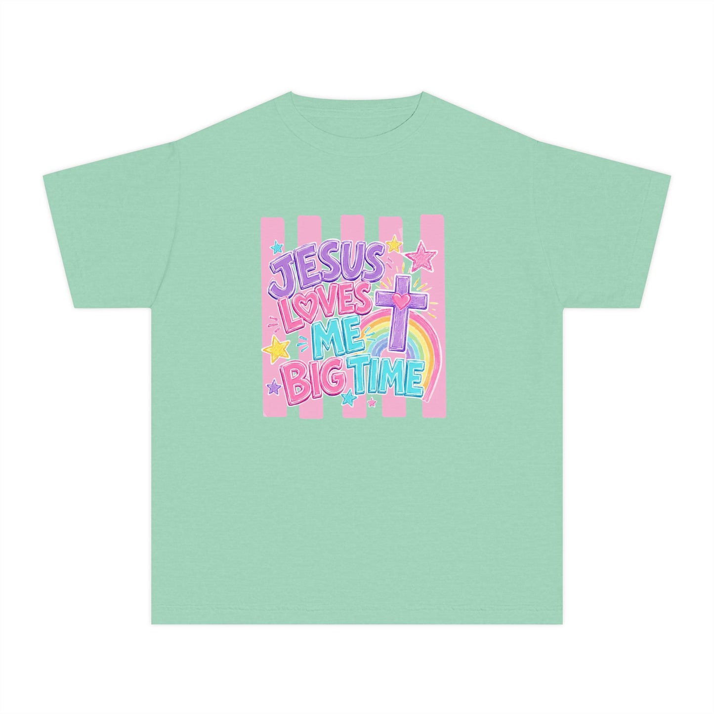 Youth Tee — "Jesus Loves Me Big Time" Pastel Christian Kids Shirt