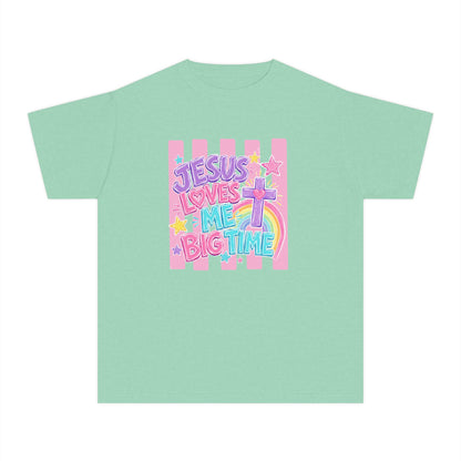 Youth Tee — "Jesus Loves Me Big Time" Pastel Christian Kids Shirt