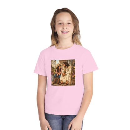 Youth Tee — Jesus Sitting With Girl Faith Graphic T-Shirt