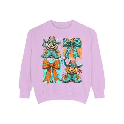 Halloween Cat & Pumpkin Bow Sweatshirt — Cute Teal Orange Fall Graphic