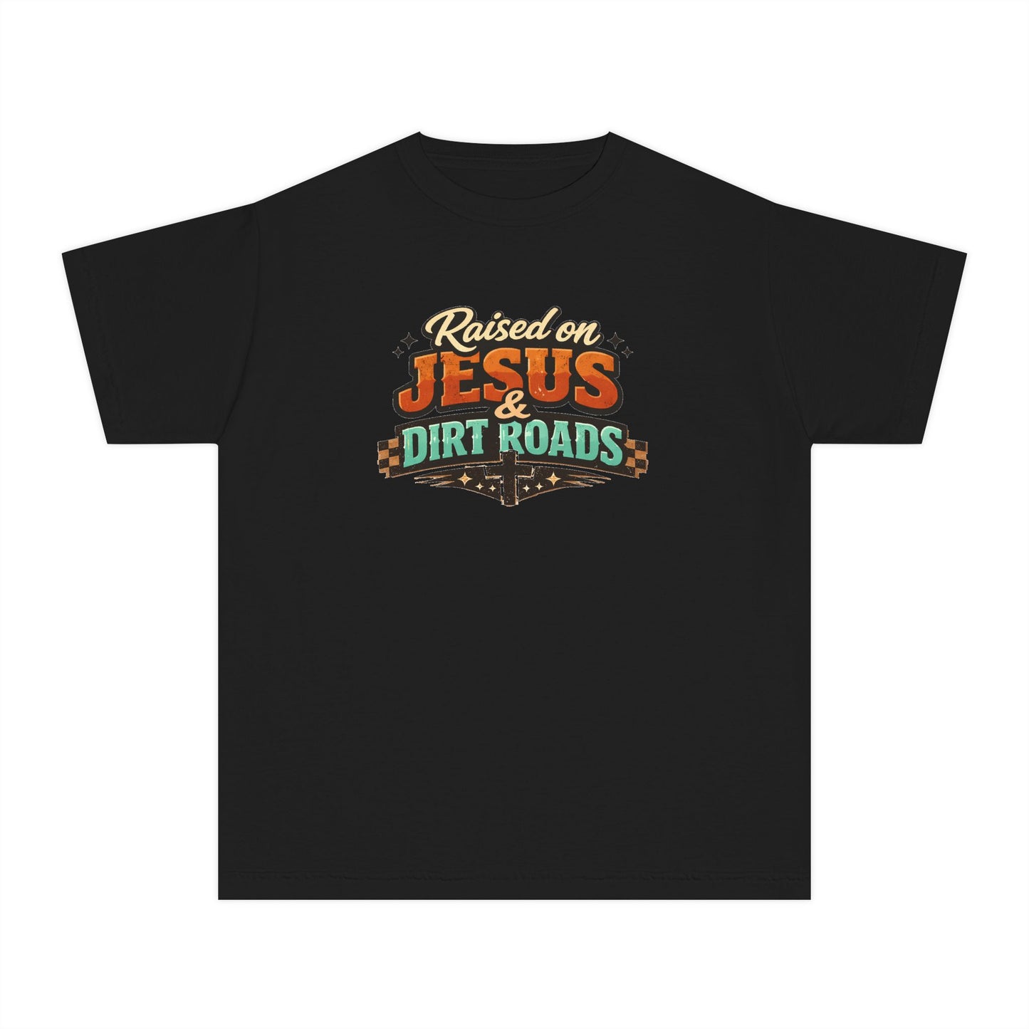 Youth Tee - "Raised on Jesus & Dirt Roads" Christian Country Graphic Shirt