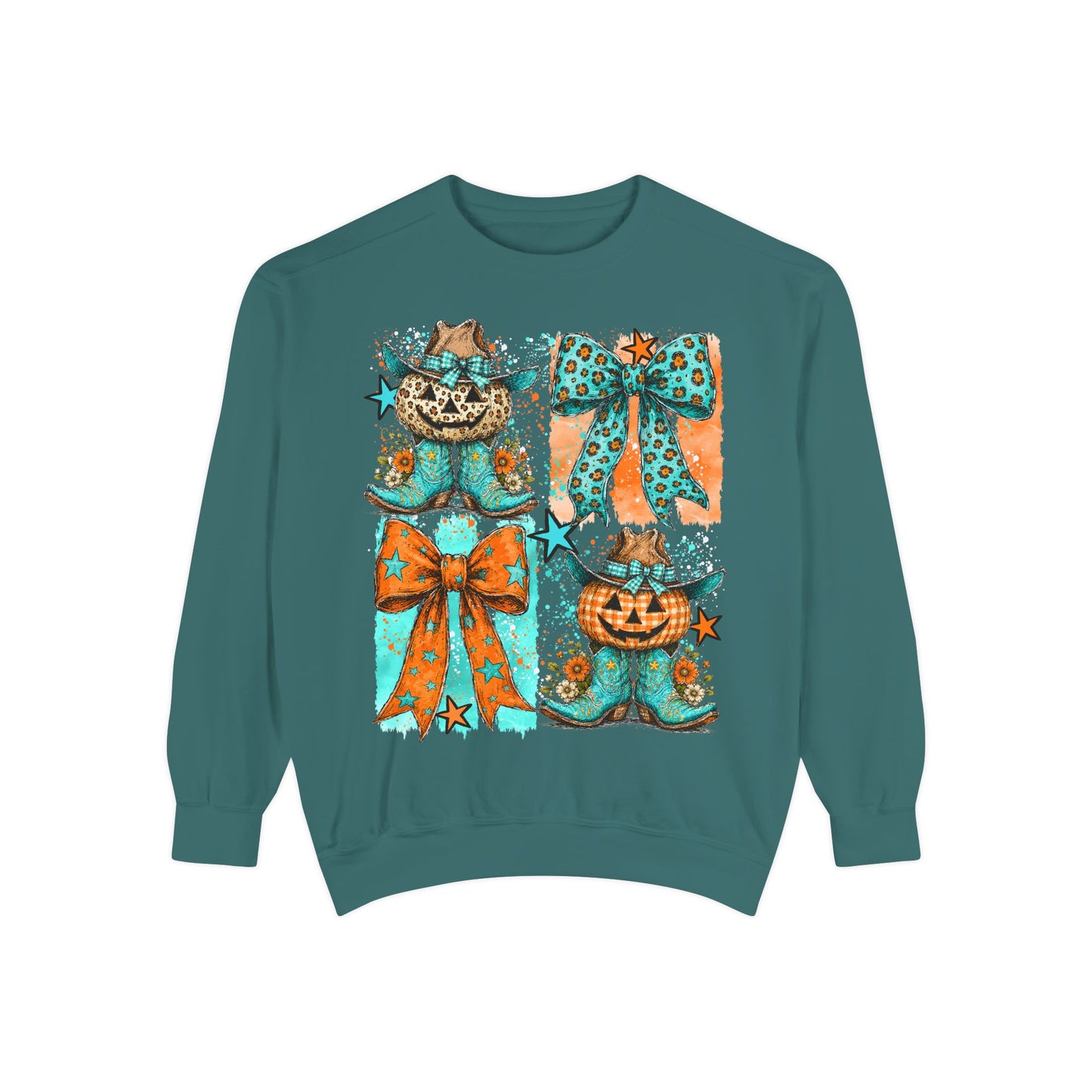 Halloween Cat & Pumpkin Bow Sweatshirt — Cute Teal Orange Fall Graphic