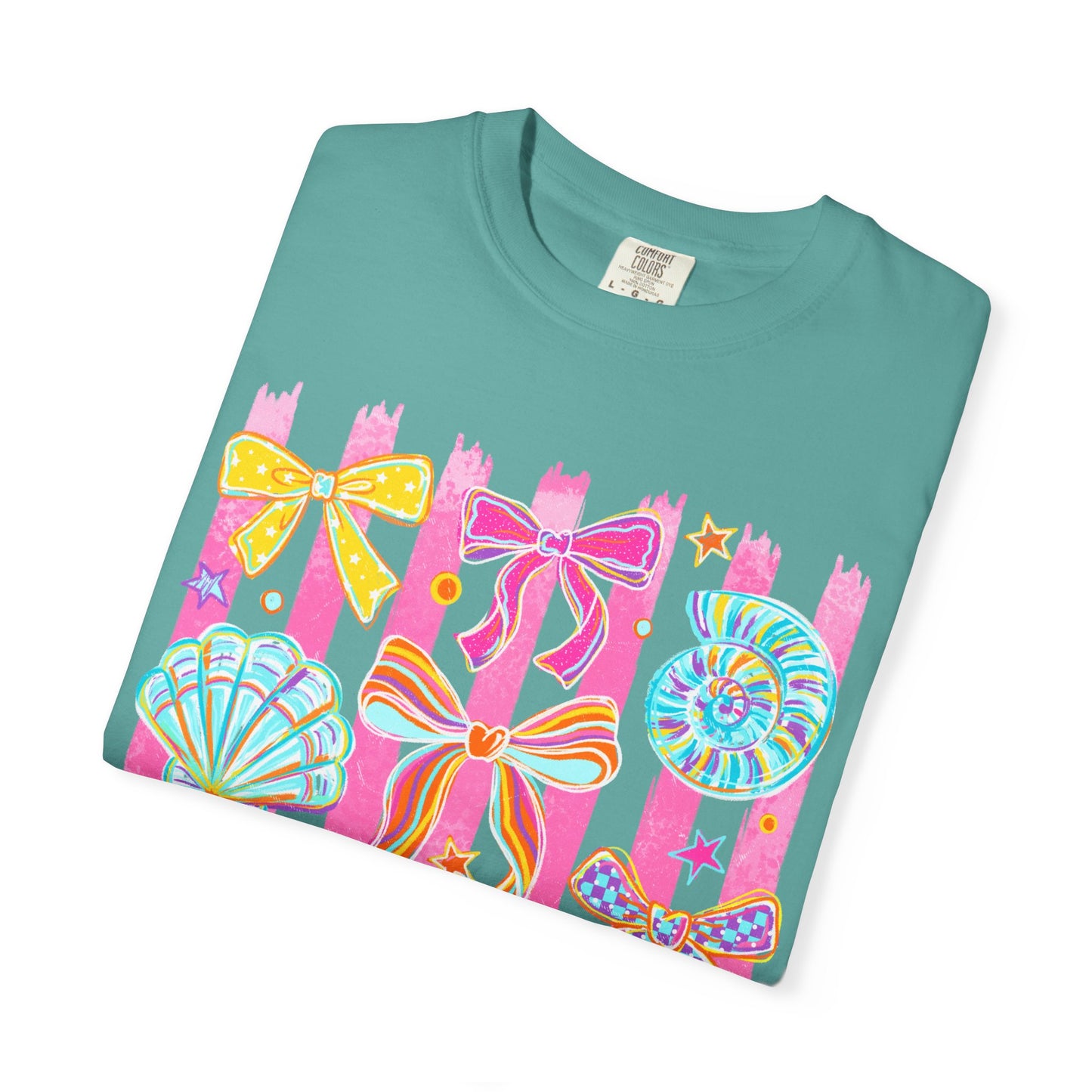 Beach Bow Graphic T-Shirt — Colorful Seashells & Starfish Design