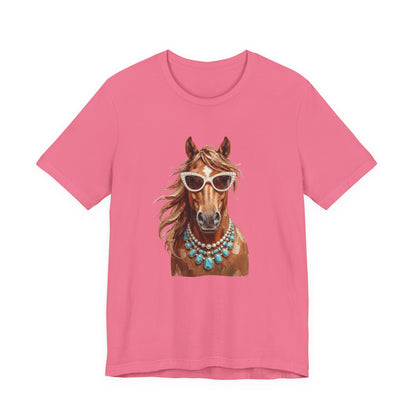 Horse Portrait T‑Shirt — Chic Horse in Sunglasses & Turquoise Necklace