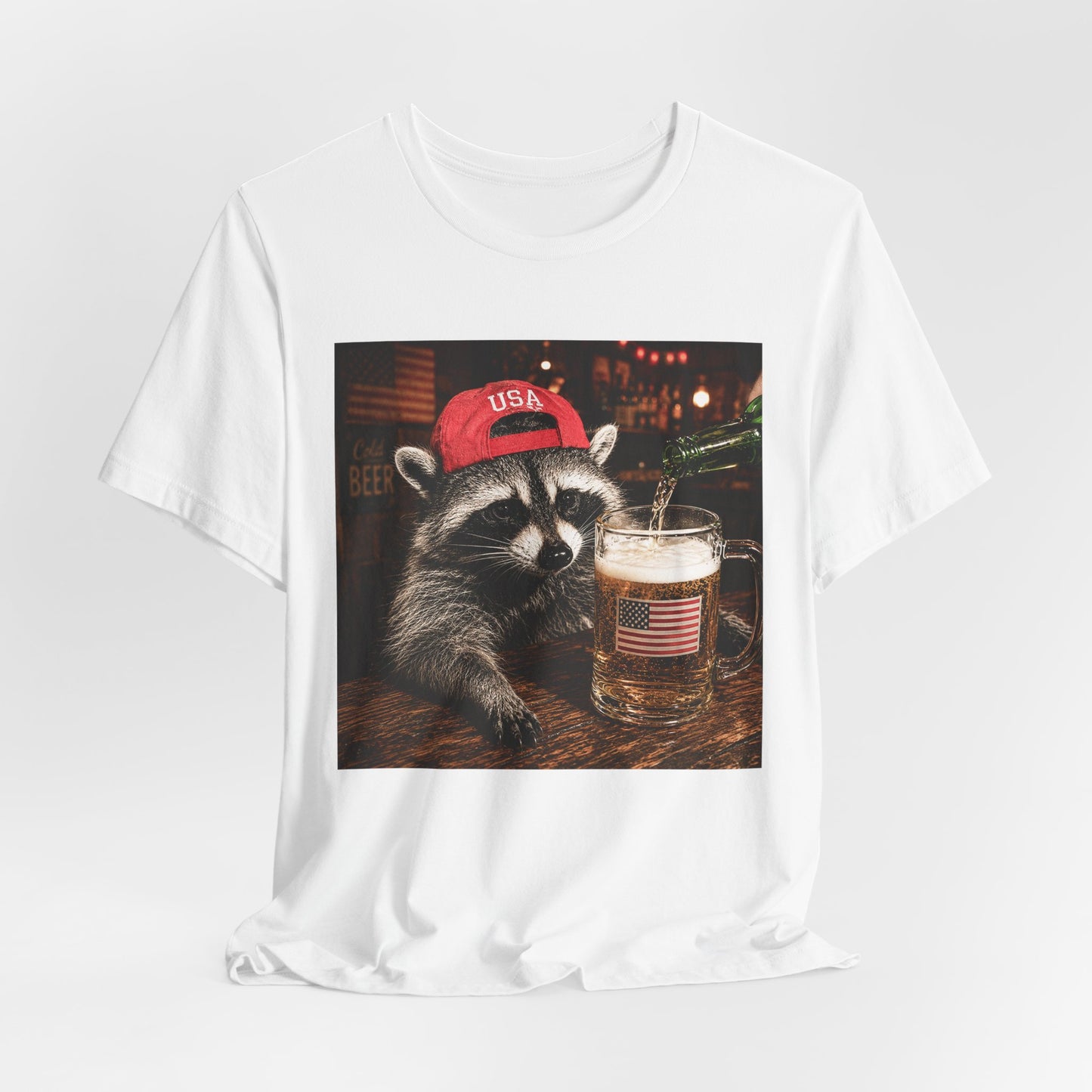 Raccoon Drinking Beer Graphic Tee – USA Flag Pint