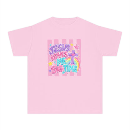 Youth Tee — "Jesus Loves Me Big Time" Pastel Christian Kids Shirt