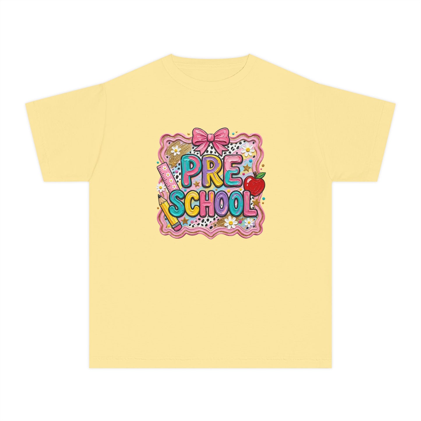 Preschool Cute Patch Kids Tee — 'Pre School' Back-to-School Shirt with Bow & Apple Design