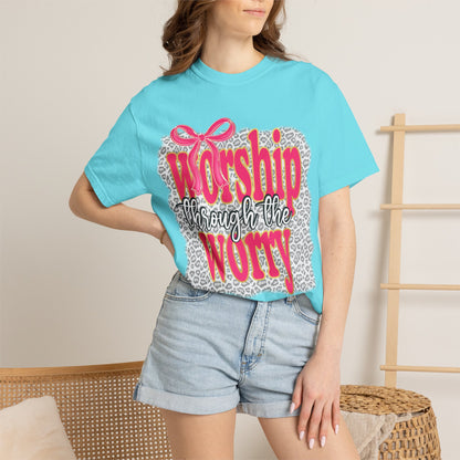 Worship Through the Worry T-Shirt — Faith-Inspired Leopard Graphic Tee