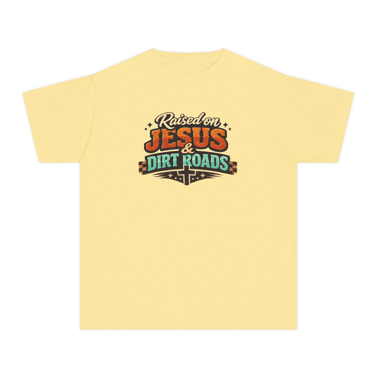 Youth Tee - "Raised on Jesus & Dirt Roads" Christian Country Graphic Shirt