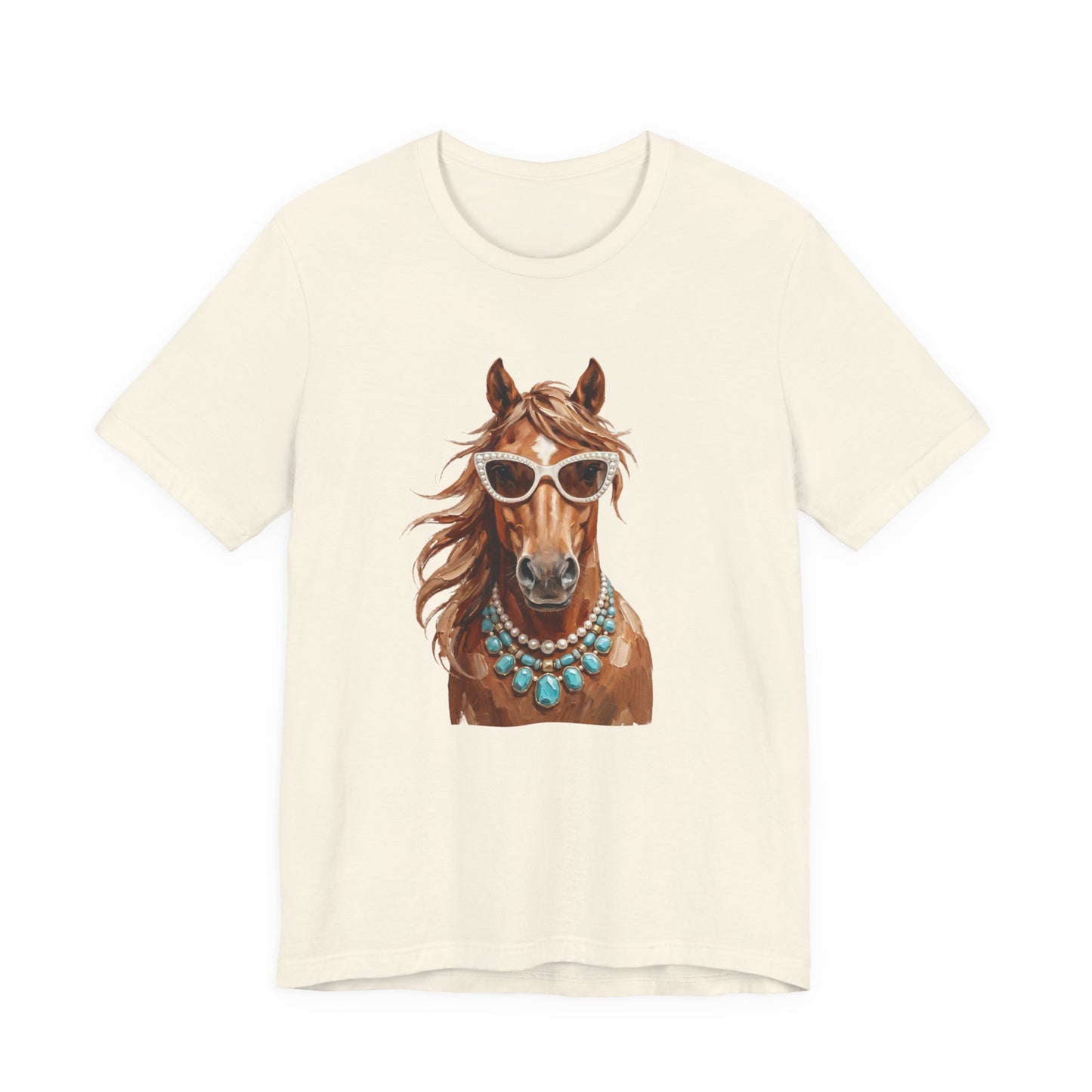 Horse Portrait T‑Shirt — Chic Horse in Sunglasses & Turquoise Necklace