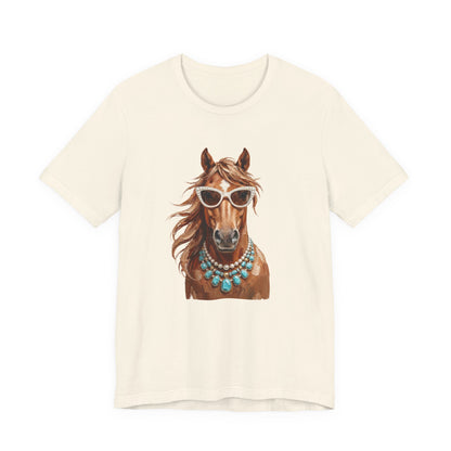 Horse Portrait T‑Shirt — Chic Horse in Sunglasses & Turquoise Necklace