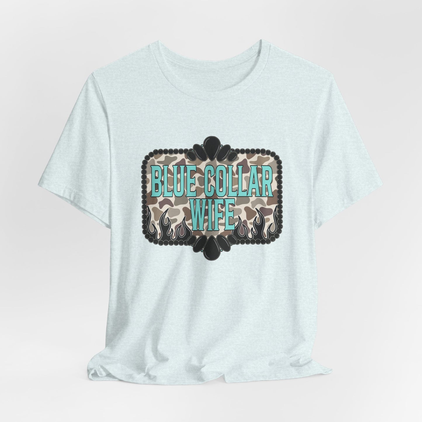Blue Collar Wife T-Shirt — Rustic Camo Graphic Tee for Pride & Everyday Wear