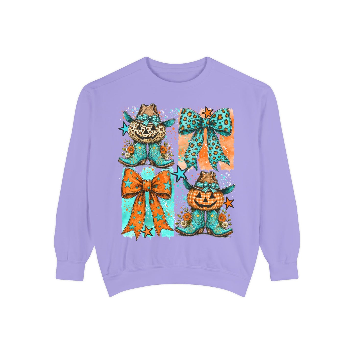 Halloween Cat & Pumpkin Bow Sweatshirt — Cute Teal Orange Fall Graphic