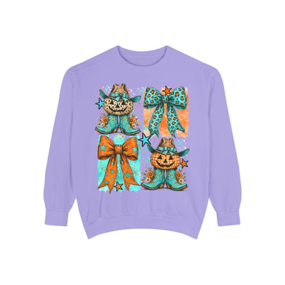 Halloween Cat & Pumpkin Bow Sweatshirt — Cute Teal Orange Fall Graphic