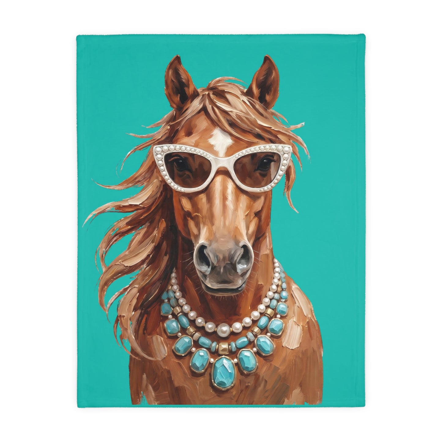 Glam Horse Velvet Microfiber Blanket — Turquoise Horse with Sunglasses & Necklace