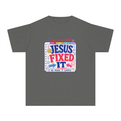 Youth Tee — "Jesus Fixed It" Colorful Faith Graphic